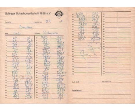Fischer - Bachmann. Handschriftliches Spielerprotokoll von Karlheinz Bachmann der Partie Fischer – Bachmann bei eimer Simulta
