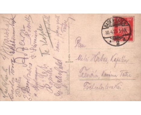 Baden – Baden 1925. Postalisch gelaufene, schwarzweiße Postkarte mit 16 eigenhändigen Unterschriften, von den meisten Teilneh