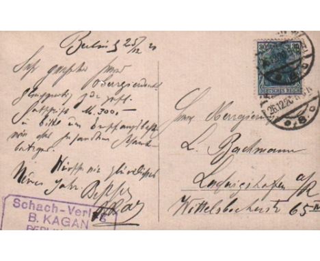 Kagan, Bernhard. Postalisch gelaufene Postkarte an L. Bachmann mit eigenhändig geschriebenem Text in deutscher Sprache von Be