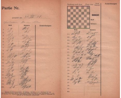 Spielmann – van Nüss. Handschriftliches Spielerprotokoll von Spielmann der Partie Rudolf Spielmann – A. van Nüss in der 8. Ru