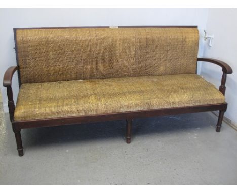 EARLY 20th CENTURY PITCH PINE FRAMED, UPHOLSTERED, SHIP'S BANQUETTE OR SETTLE, bearing the name S.S. Balmoral Castle, the sea