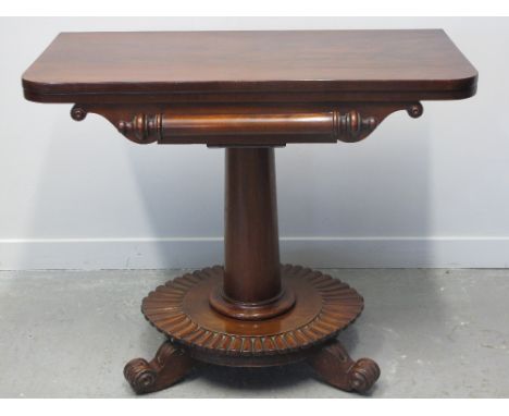 WILLIAM IV MAHOGANY STRAIGHT FRONTED FOLD OVER CARD TABLE, the top with curved angles and opening to reveal baize playing sur