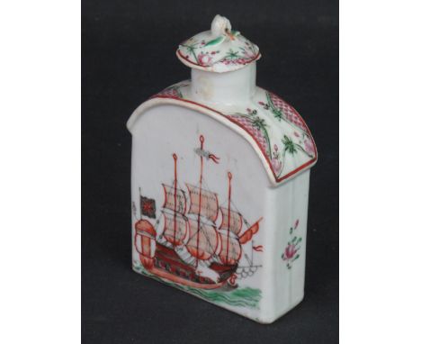 EARLY 19th CENTURY NEW HALL PORCELAIN TEA CADDY of flat arched form, painted with designs of galleons under sail and small sc