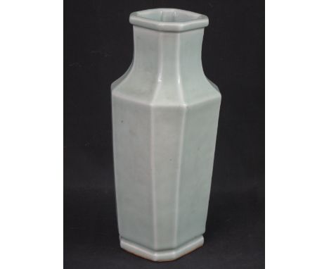 CHINESE CELADON GLAZED SQUARE SECTION TAPERING VASE, having canted corners and indented base. Square shaped seal mark to base