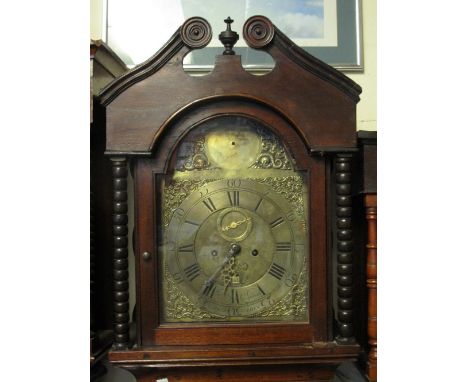 19th CENTURY WELSH BRASS FACED TWO TRAIN, EIGHT DAY, LONG CASE CLOCK, by Henry Gwynne of Carmarthen, the arched hood having b