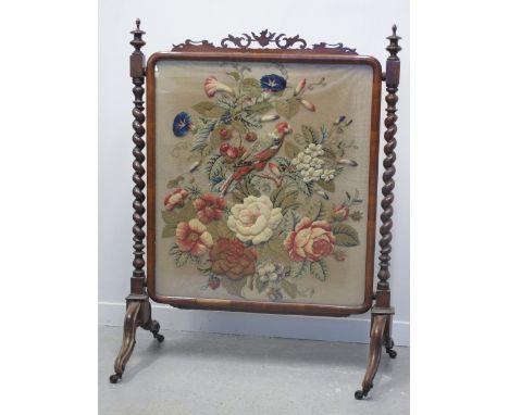LARGE VICTORIAN MAHOGANY FIRE SCREEN, having fret work foliate pierced cresting over stump work relief tapestry banner, decor