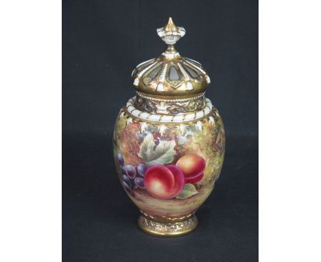 ROYAL WORCESTER PORCELAIN POT POURRI BALUSTER JAR with inner flat cover and outer pierced crown shaped cover, the body hand-p