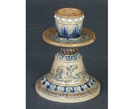 DOULTON LAMBETH STONE WARE CANDLE STICK with circular drip tray above band of dogs within blue and brown borders by Hannah Ba