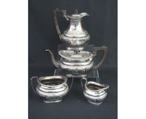 EDWARD VII SILVER FOUR PIECE TEA AND COFFEE SET comprising teapot, coffee pot, cream jug and sucrier, all having gadroon patt