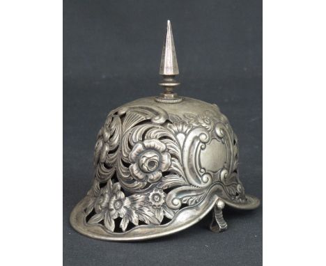 19th CENTURY SILVER BELL, modelled as Pickelhaub German helmet by Samuel Walton Smith, hall marked: Birmingham 1890, overall 