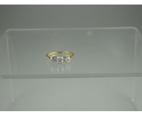 THREE STONE DIAMOND RING.  The old cut diamonds an estimated total diamond weight 1ct.  Ring size R. CONDITION REPORT: Unmark