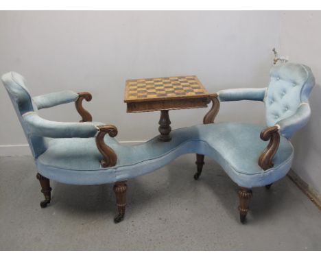 19th CENTURY MAHOGANY CONVERSATION CHESS TABLE SUITE upholstered in pale blue fabric with button backs, having scrolled, open