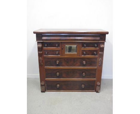 VICTORIAN MAHOGANY, STRAIGHT FRONTED SCOTCH CHEST, having upper cushion moulded, frieze drawer above four short drawers flank