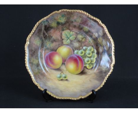 ROYAL WORCESTER BONE CHINA CABINET PLATE hand-painted with fruit within mossy backgroud and shaped gilt edge rim.  Signed J. 