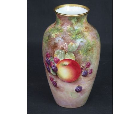 ROYAL WORCESTER BONE CHINA BALUSTER VASE, hand-painted with fruit and leaves within mossy background, signed E. Townsend.  Bl