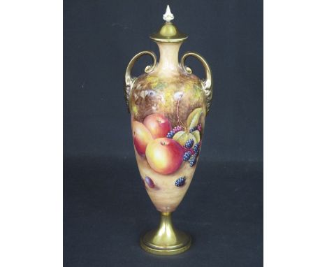 ROYAL WORCESTER BONE CHINA TWO-HANDLED VASE AND COVER, the elongated ovoid body hand-painted with fruit within mossy backgrou