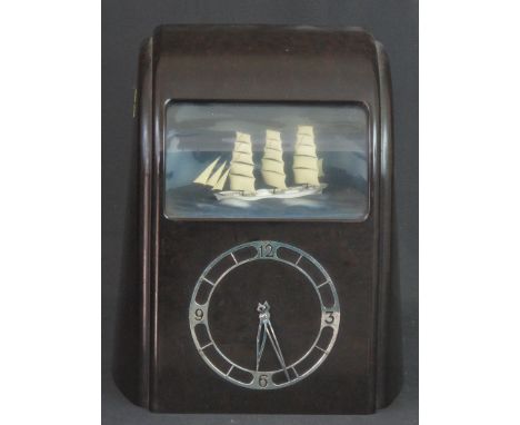 VITASCOPE INDUSTRIES LIMITED 1930'S ART DECO BAKELITE AUTOMATON CLOCK with three masted, rocking Clipper behind glazed panel 