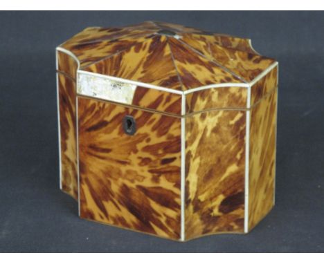 18th CENTURY TORTOISESHELL TEA CADDY, having indented case with hinged cover, inner cover, two compartments and ivory outline