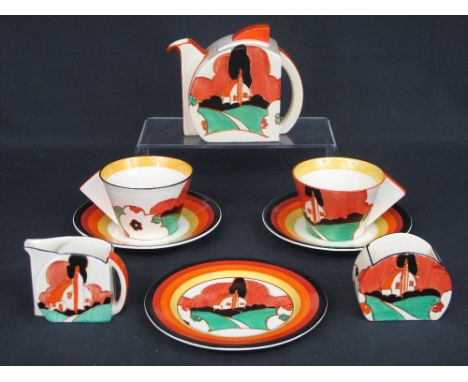 NEWPORT POTTERY CLARICE CLIFF DESIGN BIZARRE SERIES, HONEY GLAZE FARMHOUSE PATTERN TEA FOR TWO SET, comprising Stamford teapo