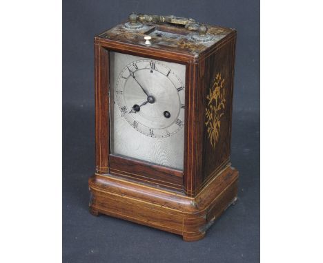 19th CENTURY INLAID ROSEWOOD CARRIAGE TYPE MANTEL CLOCK, having satinwood strung inlaid and foliate decorated case, yellow me