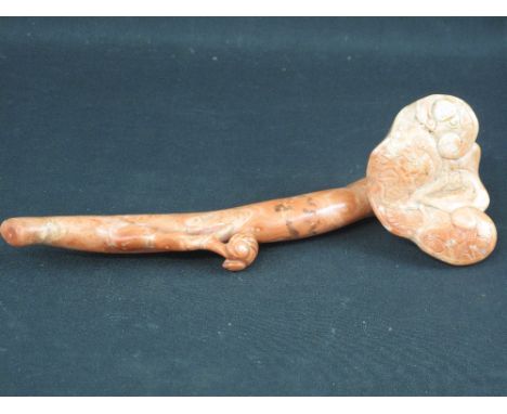 CHINESE CARVED, CORAL COLOURED HARD STONE RUYI SCEPTRE with foliate scroll work and dragon decoration.  11" (28cm) approx.
Pr