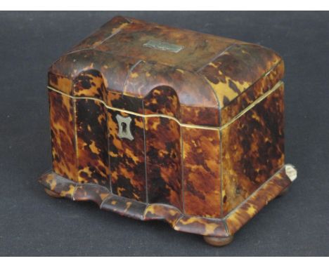 18th CENTURY TORTOISESHELL TEA CADDY having domed hinged top with silver escutcheon, opening to reveal inner cover with divid