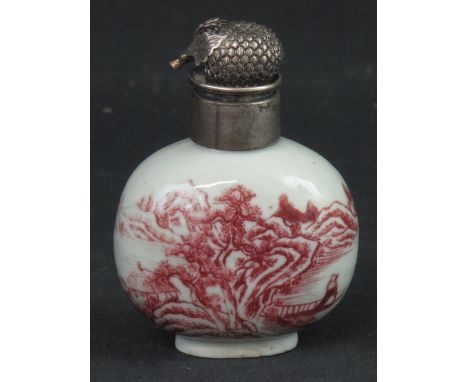 CHINESE PORCELAIN GLOBULAR SCENT BOTTLE painted in puce tones with a continuous landscape with figures and buildings.  White 