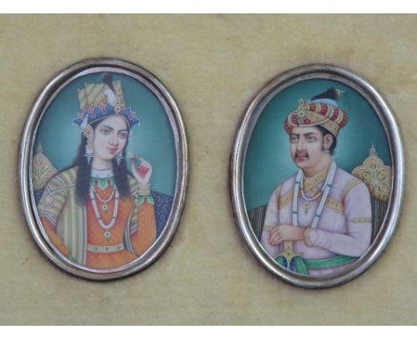 CASED PAIR OF INDIAN MUGHAL SCHOOL PORTRAIT MINIATURES,  a Maharaja and his wife, on ivory.  (2)  3.5" x 2.5" approx. (9 x 7c