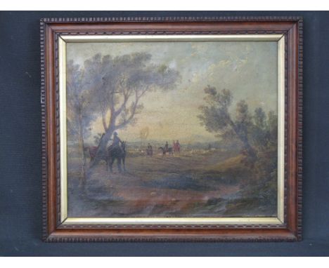 BRITISH SCHOOL, (19th Century), Fox hunting scene in a dusk landscape, oils on canvas, 10" x 12.5" (25 x 32cm). CONDITION REP