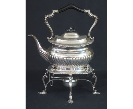 EDWARD VII SILVER SPIRIT KETTLE, BURNER AND STAND overall decorated with scrolled and shell rims, the kettle with ebony handl