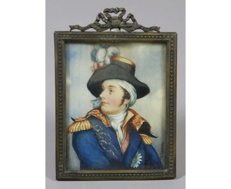 A nineteenth century French ivory portrait miniature in bronze frame. Portrait of Francois de Charette after Jean-Baptiste Pa