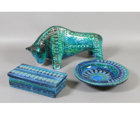 Jemma Holland green glazed study of the zodiac bull together with a similar style lidded trinket box and plate.