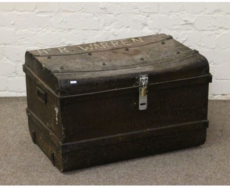 An old tin trunk inscribed 'Mr R Warren'.