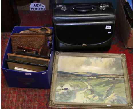 A gentleman's large leather attache case with locking clasps, combination 428 934 along with a box of miscellaneous treen and