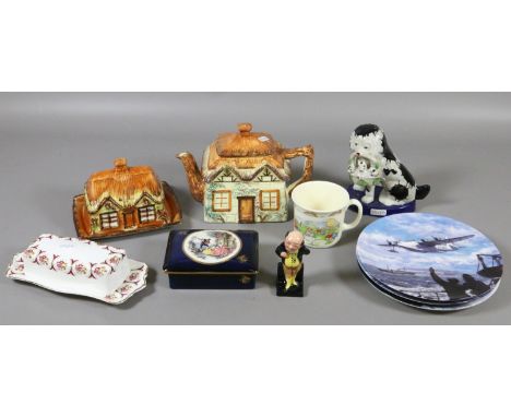 A collection of ceramics including Royal Doulton Mr Pickwick figure, Royal Doulton Bunnykins mug, Carltonware cigarette box a