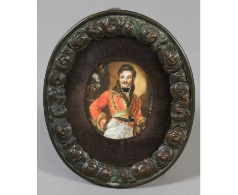 A late nineteenth century ivory portrait miniature of Colonel Evgraf V. Daydov in bronzed oval frame. After Orest Kiprensky a