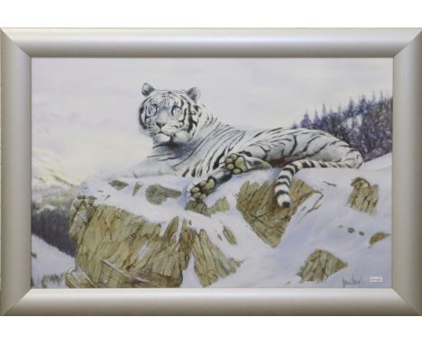 A large framed print of a Siberian tiger.