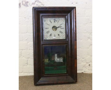 An American eight day twin weight two door ogee cased wall clock labelled Jerome & Co, New Haven.