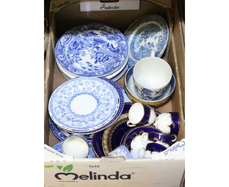A box of mixed blue and white china to include Royal Crown Derby, Spode and Royal Worcester, etc.
