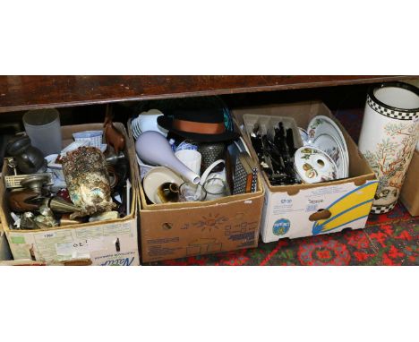 Three boxes of miscellaneous pottery, metalwares and cutlery to include Royal Worcester, Evesham design dinnerwares, pewter t