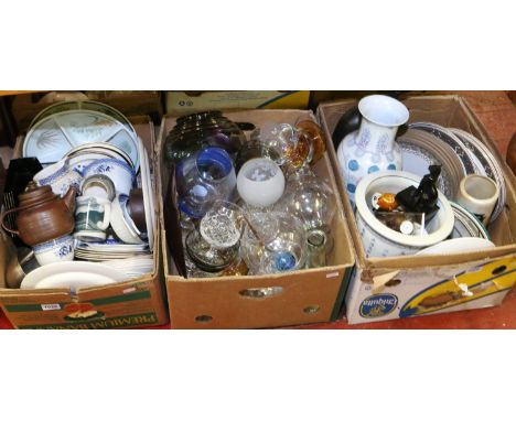 Three boxes of miscellaneous pottery, china and glass to include Wood, Buchan stoneware, Royal Doulton, Midwinter dinner ware