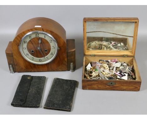 A mahogany case mantel clock (AF) along with an inlaid work box and contents of costume jewellery and collectables.