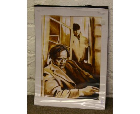 Robinson Ford, a mounted sepia watercolour portrait of Marlon Brando in character in the Last Tango in Paris. Signed.
