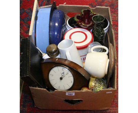 A box of mixed collectables to include art glass cased cutlery and enamel ware.