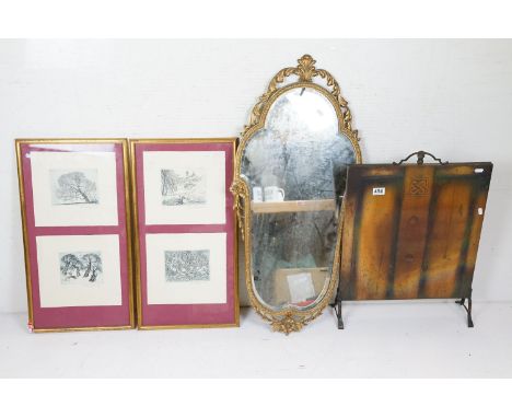 An ornate gilt metal framed mirror, cast with acanthus and floral motifs, 95cm high, a set of four limited edition etchings, 