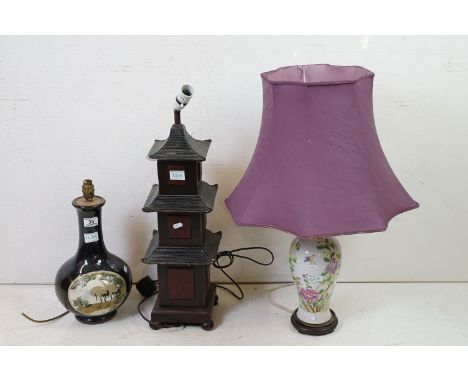 Three table lamps to include a pottery baluster form example with moulded stork panel (approx 40cm high), 20th Century Famill