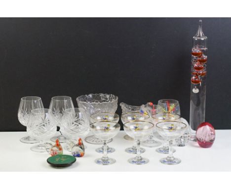 Mixed glassware to include a set of six Babycham adverting glasses, Galileo thermometer (38.5cm high), cut glass goblets, 19t