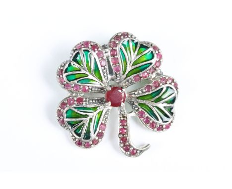 Silver Plique a Jour Four Leaf Clover Brooch - Pendant with Ruby setting 