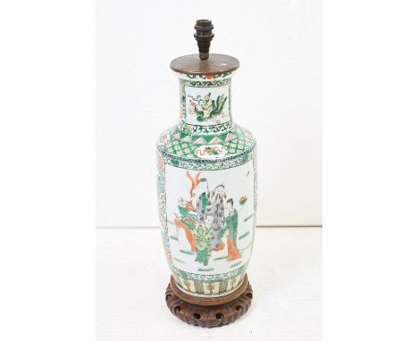 Chinese Porcelain Famille Verte Table Lamp of Rouleau form, decorated with panels of figures, with wooden stand and fittings,