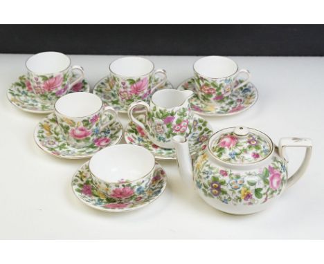 Early 20th Century Crown Staffordshire part tea service including four tea cups, six saucers, tea pot, sugar bowl and cream j